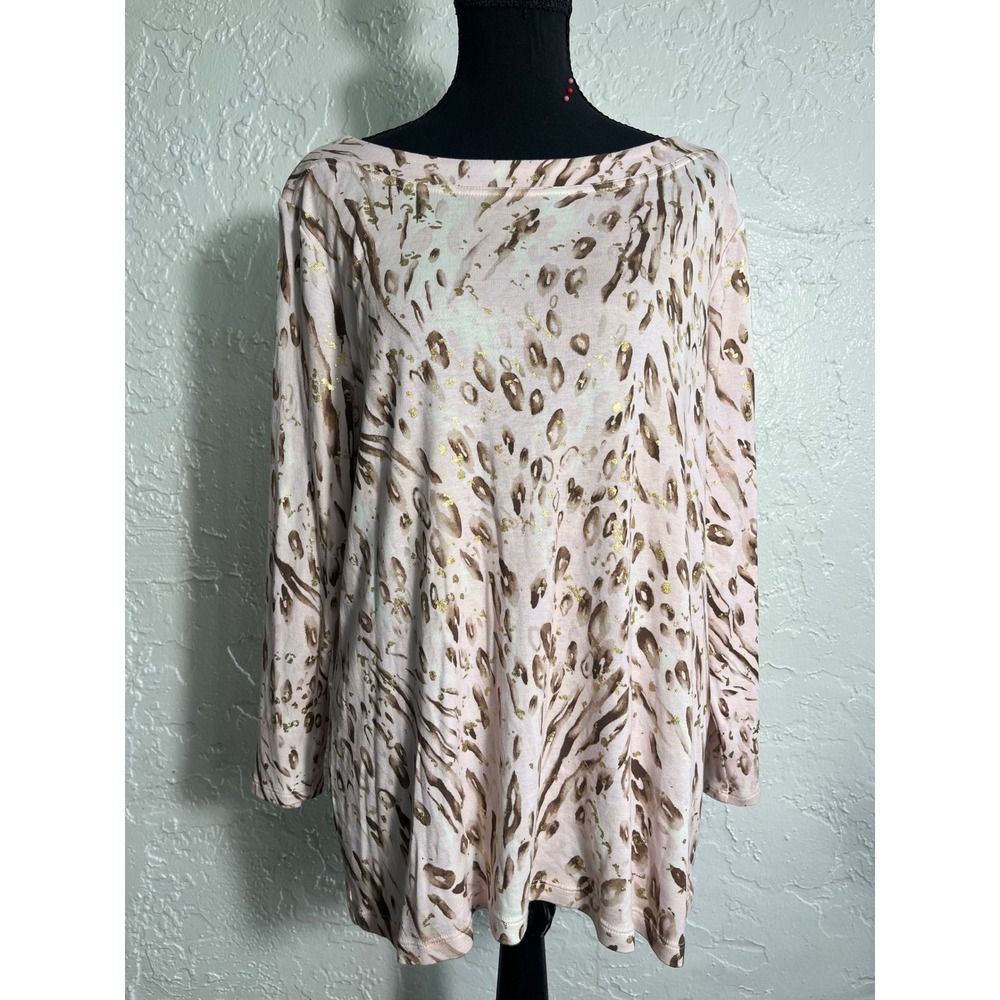 Chico's Size 2 L Pink Animal Print Gold Foil Pima Cotton Tunic Top